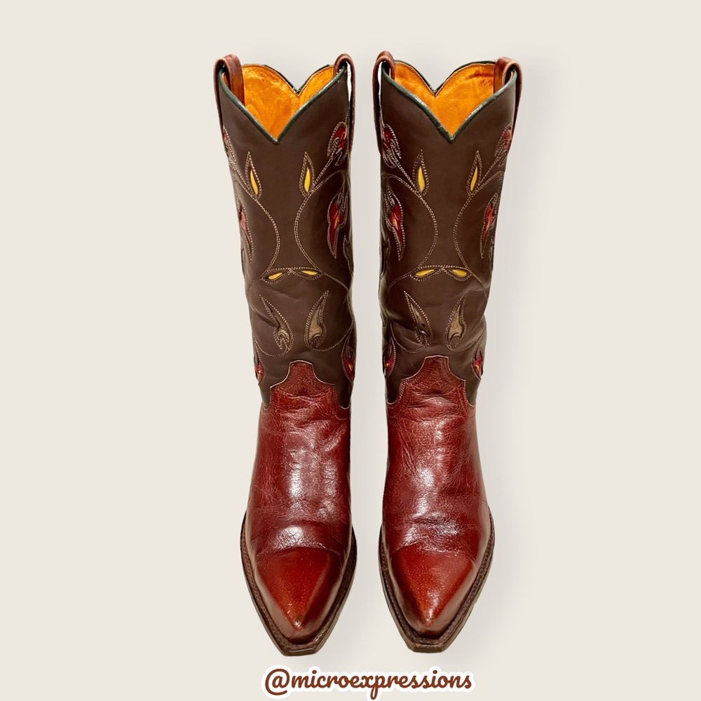 1970s VINTAGE Frye Prairie Flower Boho Brown Real Leather Western Cowboy Boots - Picture 8 of 16